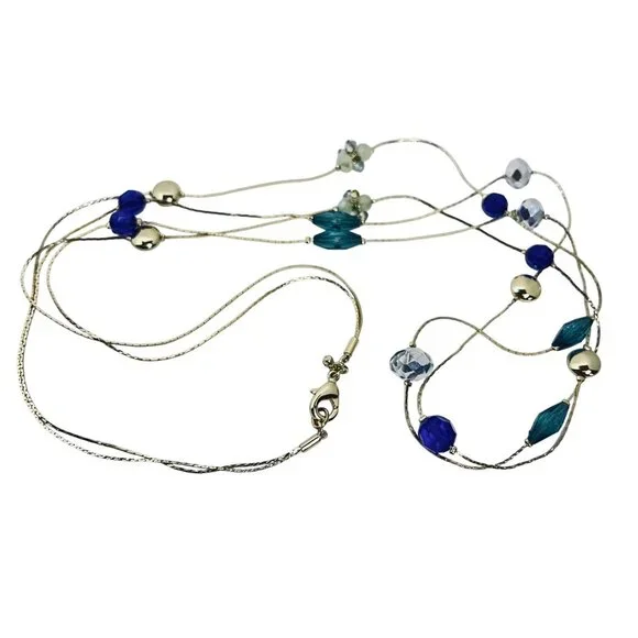 Double Strand Gold Tone Necklace With Cobalt Blue Aqua & Clear Beads (5603) - Picture 5 of 6